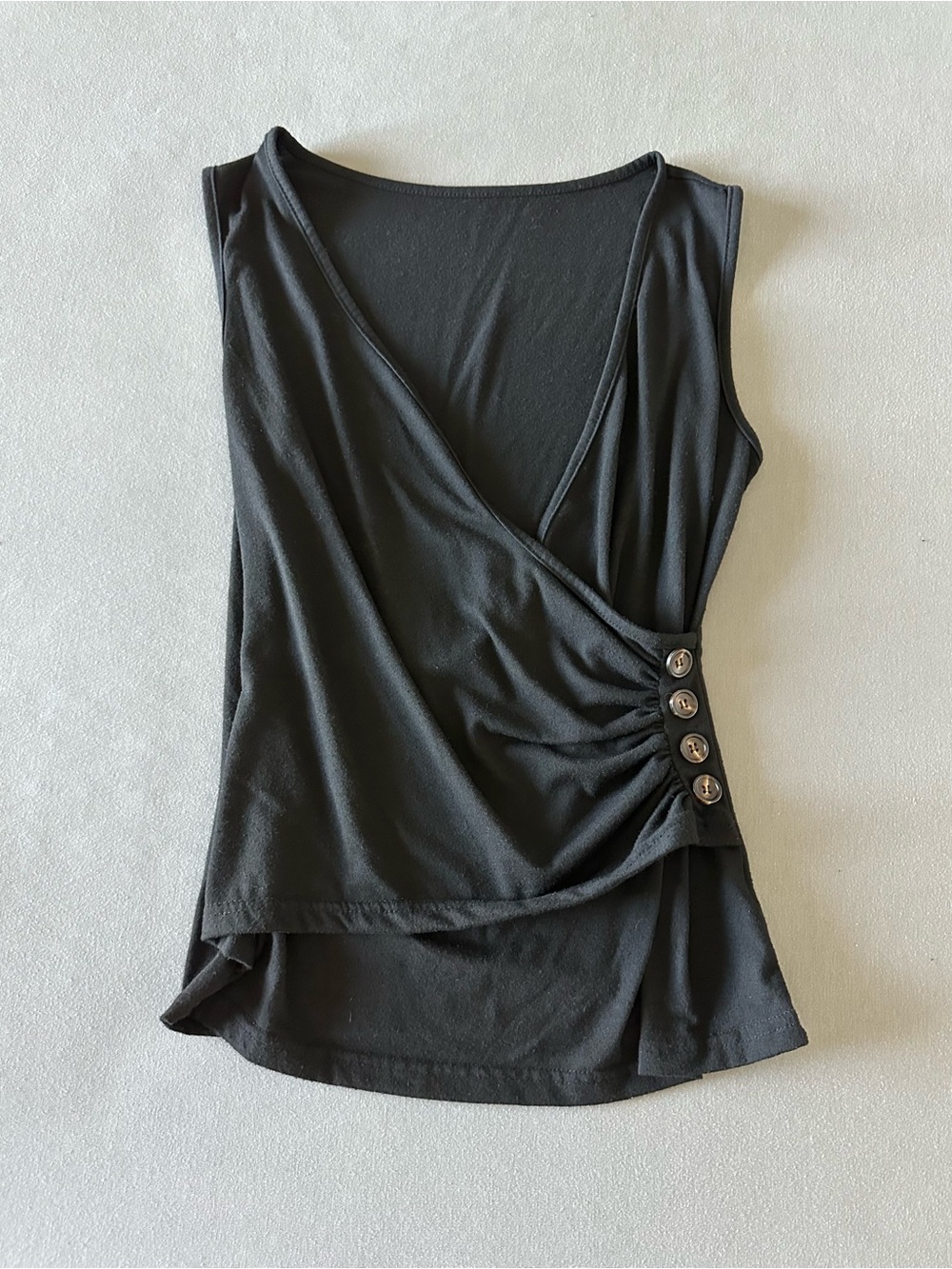 Women’s Black V-Neck Wrap Tank Top w/Waist Button Accents